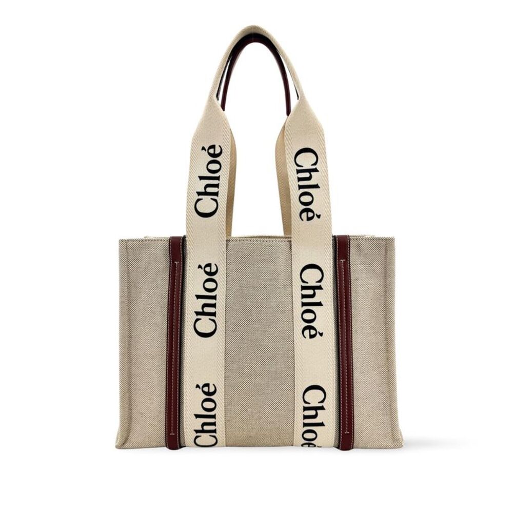 Chloe Woody Tote Canvas With Leather Beige Canvas Handbag